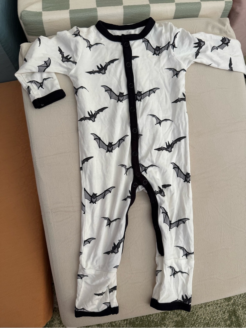 Kyte Baby  White and Black Bat Print One-Piece Snap Romper